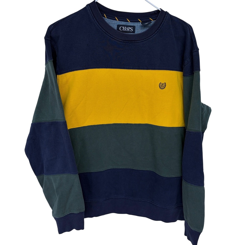 Chaps Colorblock Crewneck Sweatshirt Medium Mens Navy Blue Yellow Green